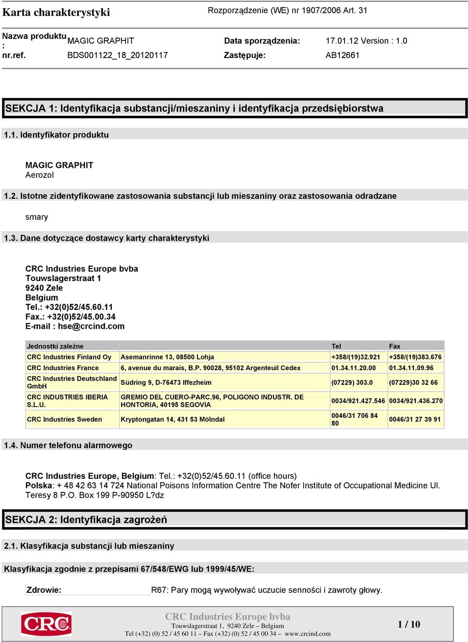 +32(0)52/45.60.11 Fax. +32(0)52/45.00.34 E-mail hse@crcind.com Jednostki zależne Tel Fax CRC Industries Finland Oy Asemanrinne 13, 08500 Lohja +358/(19)32.921 +358/(19)383.