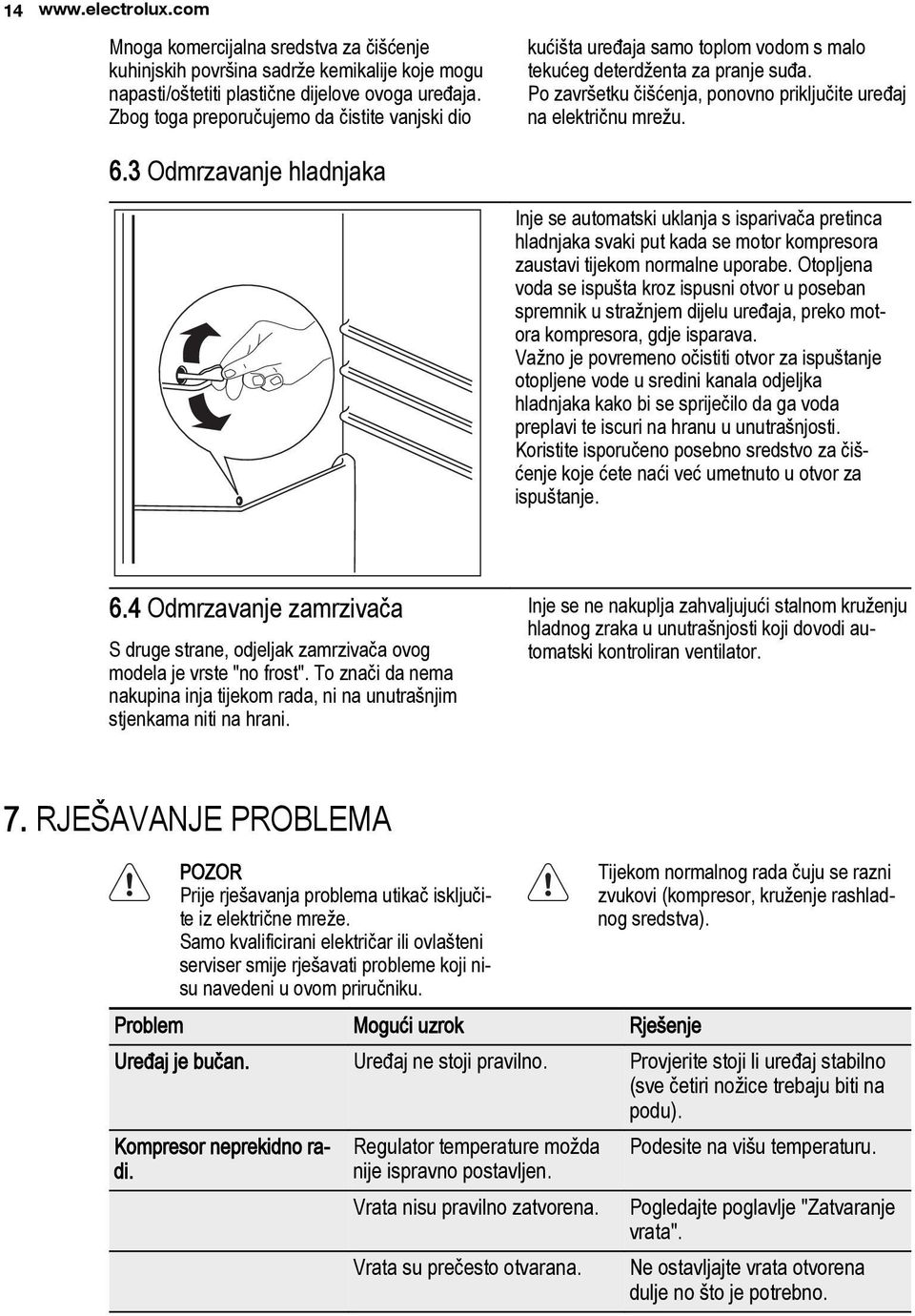 3 Odmrzavanje hladnjaka Inje se automatski uklanja s isparivača pretinca hladnjaka svaki put kada se motor kompresora zaustavi tijekom normalne uporabe.