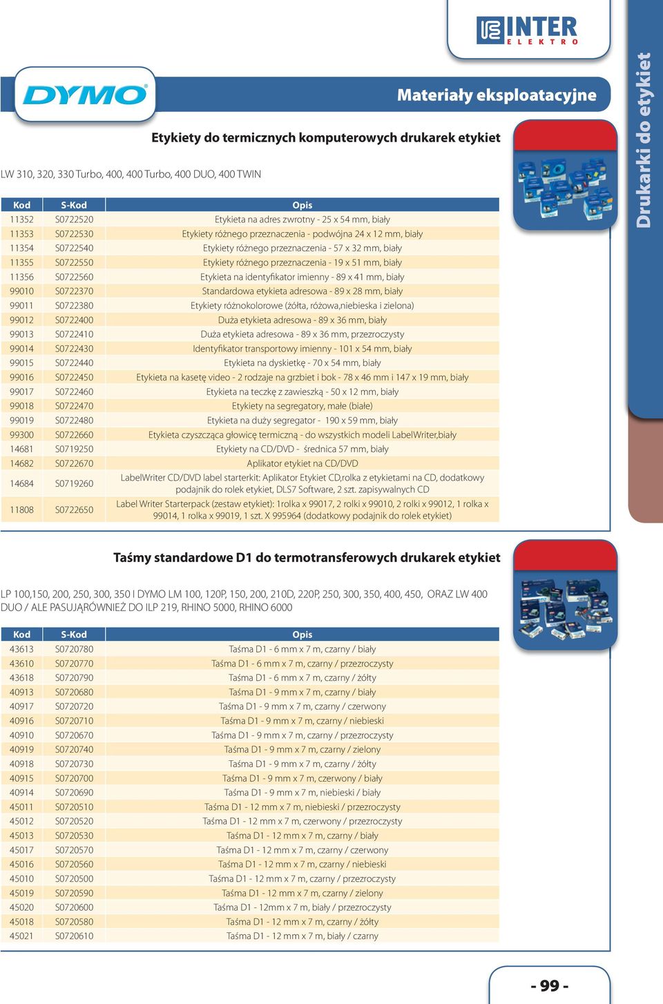 99010 S0722370 Standardowa etykieta adresowa - 89 x 28 mm, biały 99011 S0722380 Etykiety różnokolorowe (żółta, różowa,niebieska i zielona) 99012 S0722400 Duża etykieta adresowa - 89 x 36 mm, biały