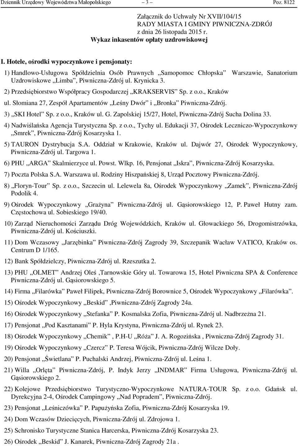 2) Przedsiębiorstwo Współpracy Gospodarczej KRAKSERVIS Sp. z o.o., Kraków ul. Słomiana 27, Zespół Apartamentów Leśny Dwór i Bronka Piwniczna-Zdrój. 3) SKI Hotel Sp. z o.o., Kraków ul. G. Zapolskiej 15/27, Hotel, Piwniczna-Zdrój Sucha Dolina 33.