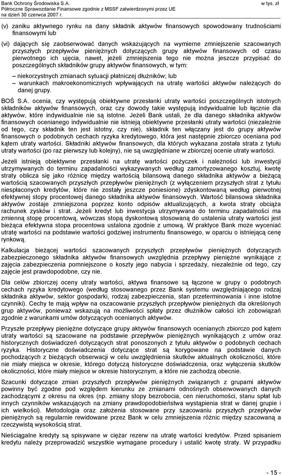 aktywów finansowych, w tym: niekorzystnych zmianach sytuacji płatniczej dłużników; lub warunkach makroekonomicznych wpływających na utratę wartości aktywów należących do danej grupy. BOŚ S.A.