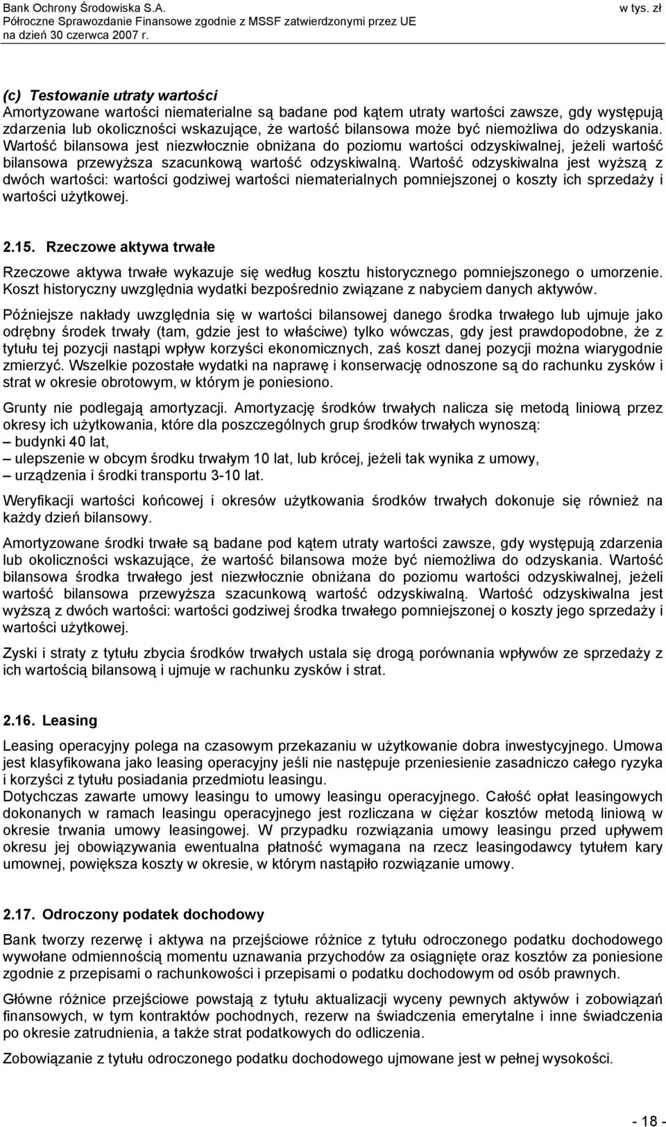 Wartość odzyskiwalna jest wyższą z dwóch wartości: wartości godziwej wartości niematerialnych pomniejszonej o koszty ich sprzedaży i wartości użytkowej. 2.15.