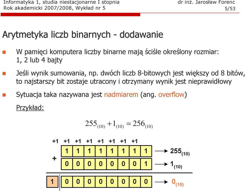 dwóch liczb 8-bitowych jest większy od 8 bitów, to najstarszy bit zostaje utracony i otrzymany wynik jest