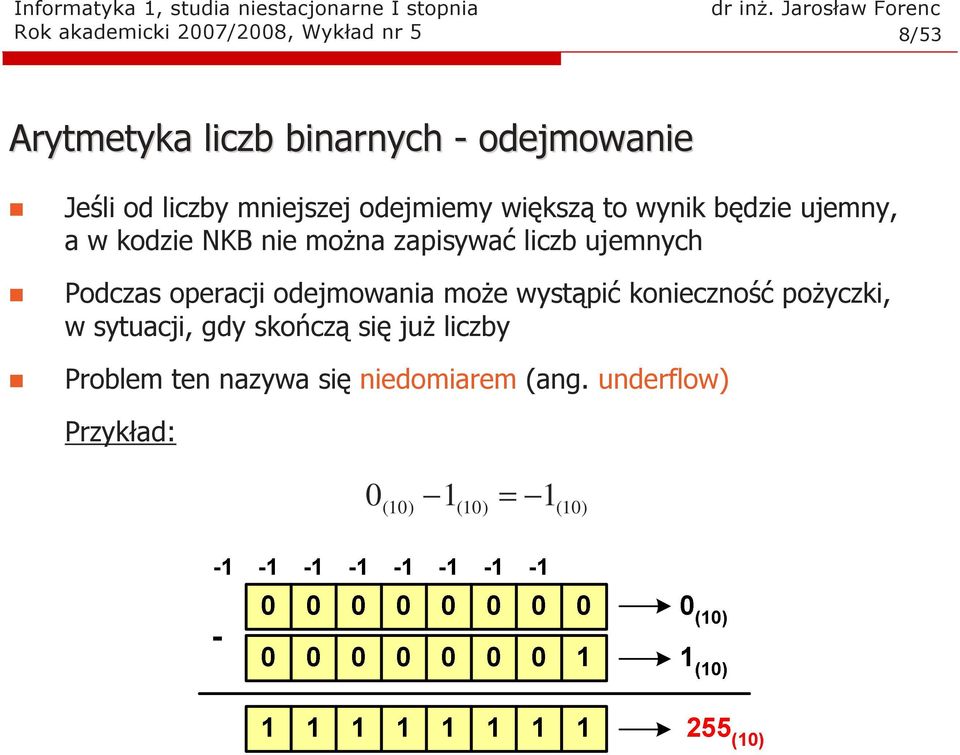 liczb ujemnych Podczas operacji odejmowania moŝe wystąpić konieczność poŝyczki, w sytuacji,