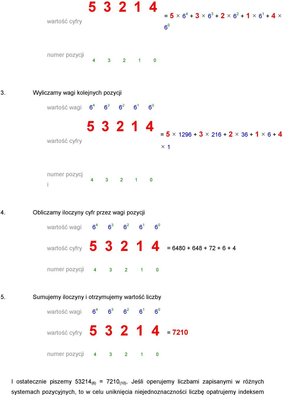 Obliczamy iloczyny cyfr przez wagi pozycji wartość cyfry 5 3 2 1 4 = 6480 + 648 + 72 + 6 + 4 numer pozycji 4 3 2 1 0 5.