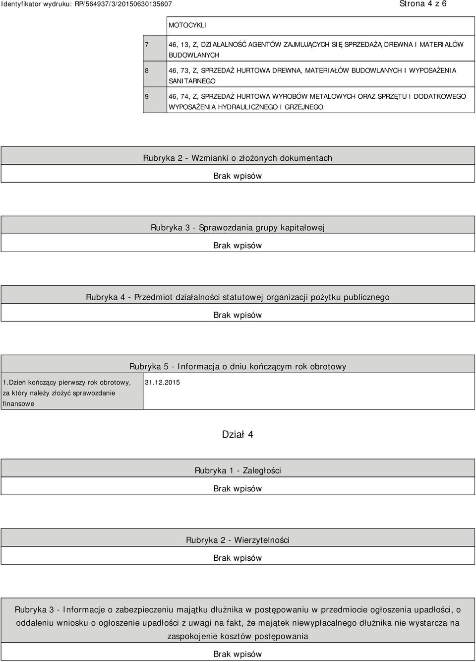 grupy kapitałowej Rubryka 4 - Przedmiot działalności statutowej organizacji pożytku publicznego Rubryka 5 - Informacja o dniu kończącym rok obrotowy 1.