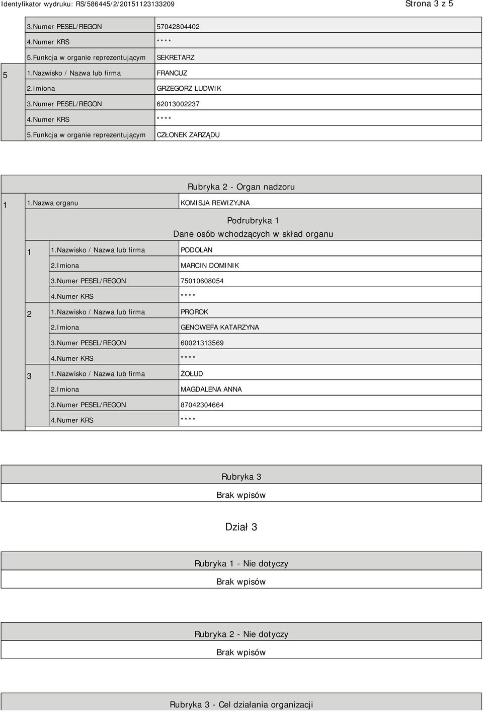 Nazwa organu KOMISJA REWIZYJNA Podrubryka 1 Dane osób wchodzących w skład organu 1 1.Nazwisko / Nazwa lub firma PODOLAN MARCIN DOMINIK 3.