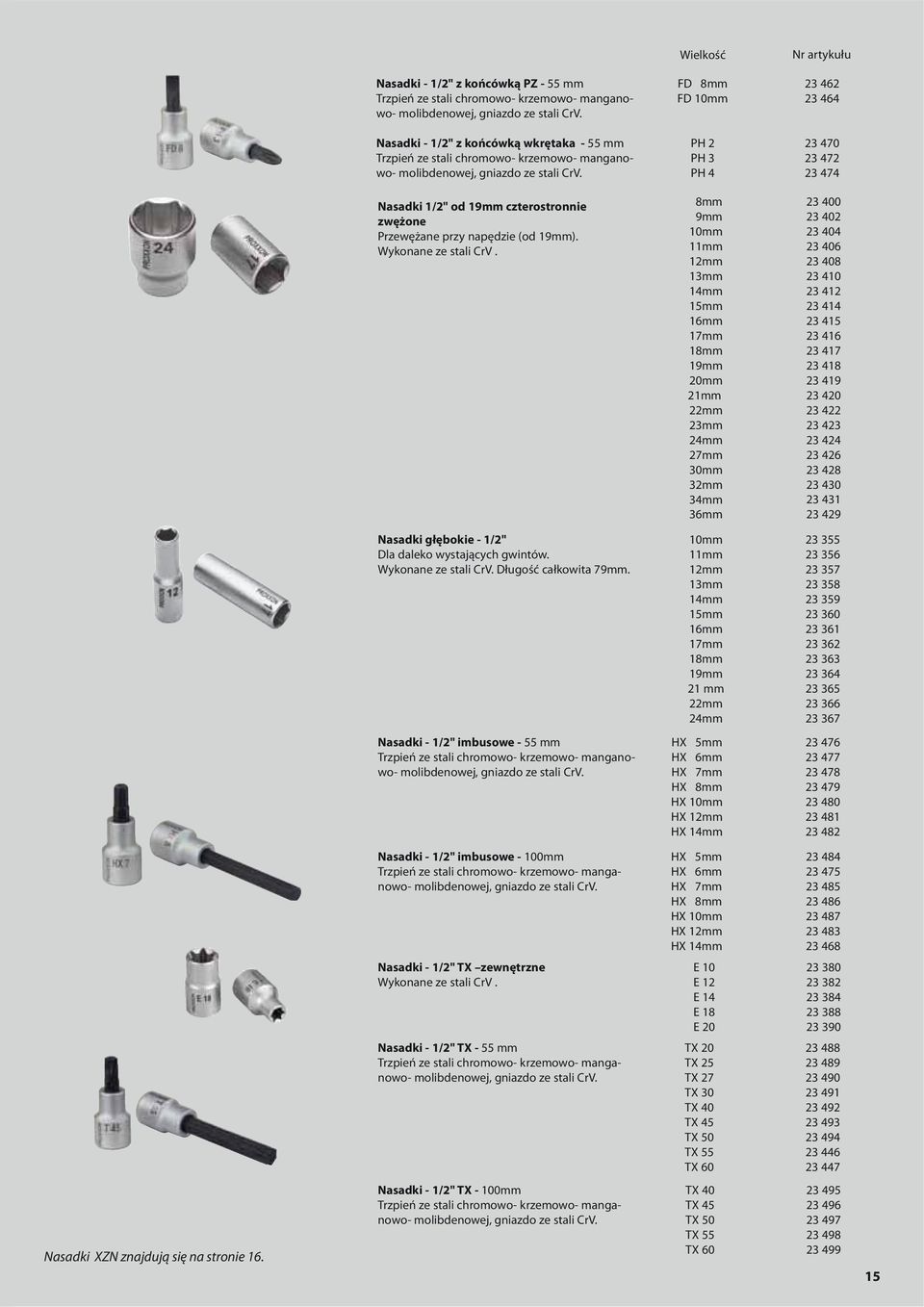 PH 2 PH 3 PH 4 23 470 23 472 23 474 Nasadki 1/2" od 19mm czterostronnie zwężone Przewężane przy napędzie (od 19mm). Wykonane ze stali CrV.