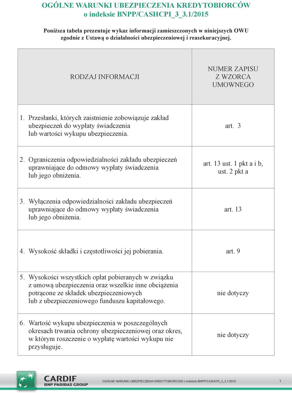 RODZAJ INFORMACJI NUMER ZAPISU Z WZORCA UMOWNEGO 1. Przesłanki, których zaistnienie zobowiązuje zakład ubezpieczeń do wypłaty świadczenia lub wartości wykupu ubezpieczenia. art. 3 2.