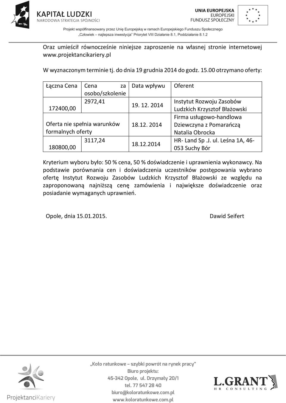 2014 18.12. 2014 18.12.2014 Oferent Instytut Rozwoju Zasobów Ludzkich Krzysztof Błażowski Firma usługowo-handlowa Dziewczyna z Pomarańczą Natalia Obrocka HR- Land Sp.J. ul.