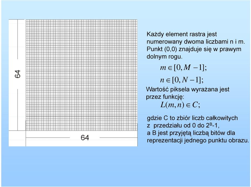 m [ 0, M n [0, N 1]; 1]; Wartość piksela wyrażana jest przez funkcję: L( m, n) C;