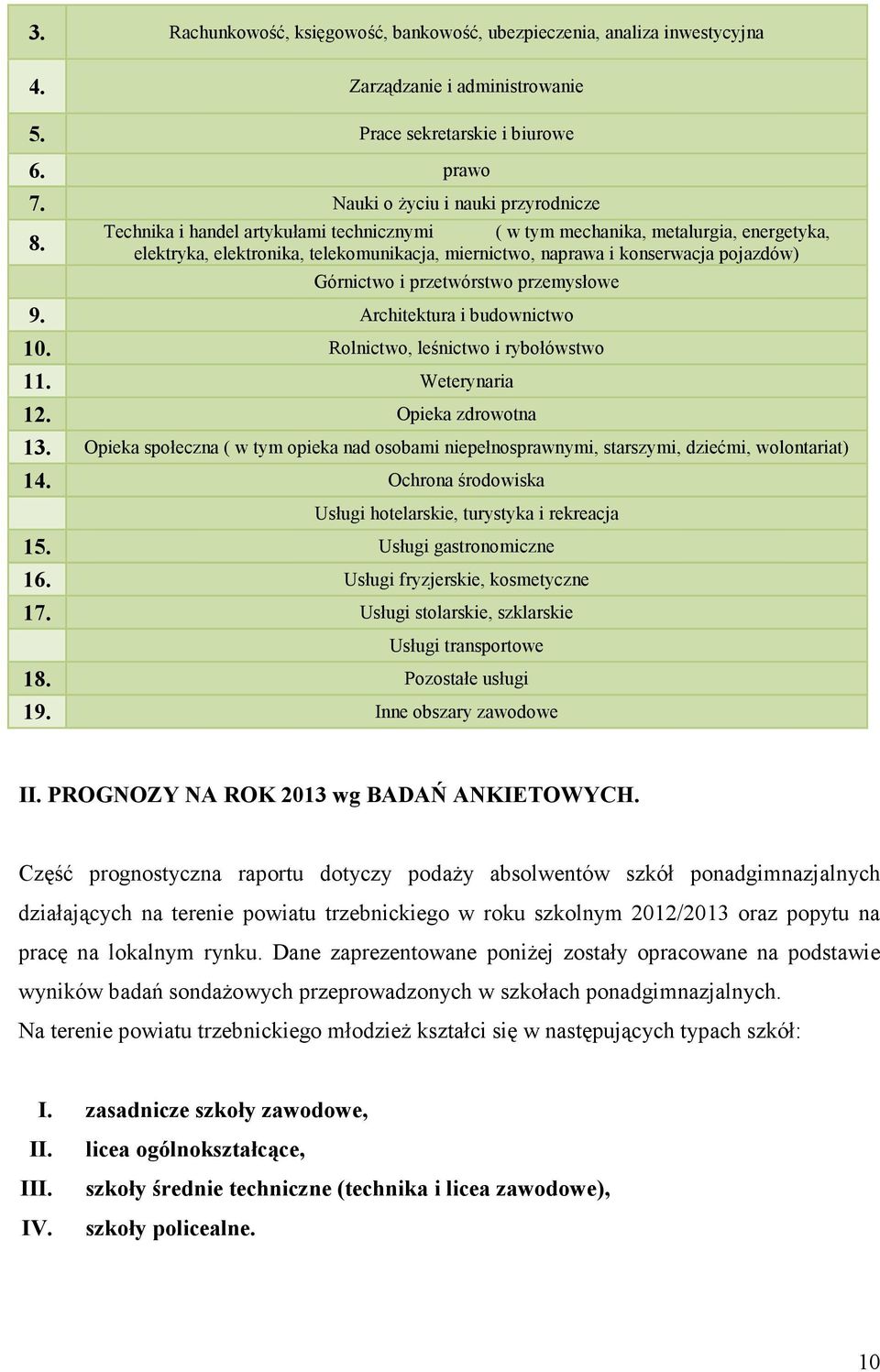 elektryka, elektronika, telekomunikacja, miernictwo, naprawa i konserwacja pojazdów) Górnictwo i przetwórstwo przemysłowe 9. Architektura i budownictwo 10. Rolnictwo, leśnictwo i rybołówstwo 11.