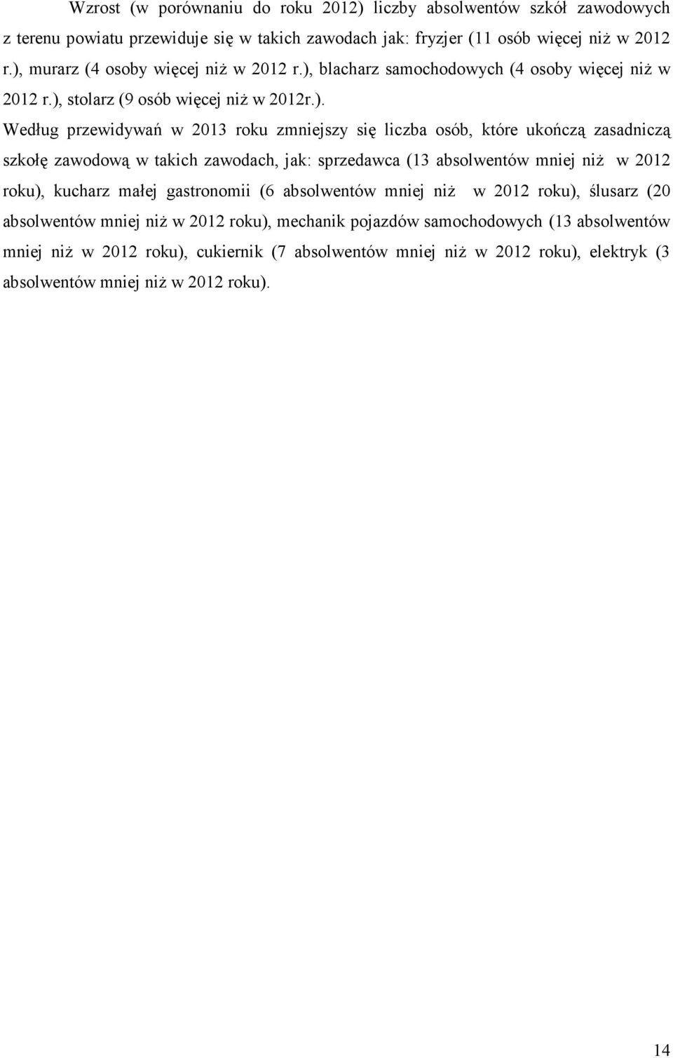 osób, które ukończą zasadniczą szkołę zawodową w takich zawodach, jak: sprzedawca (13 absolwentów mniej niŝ w 2012 roku), kucharz małej gastronomii (6 absolwentów mniej niŝ w 2012 roku),