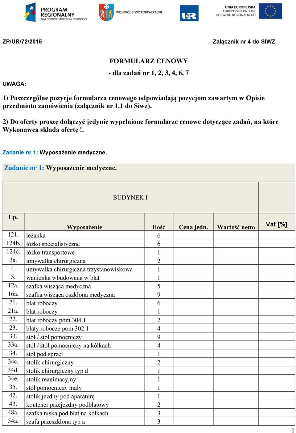 Zadanie nr : Wyposażenie medyczne. BUDYNEK I Lp. Wyposażenie Cena jedn. netto 2. leżanka 6 24b. łóżko specjalistyczne 6 24c. łóżko transportowe 3a. umywalka chirurgiczna 2 4.