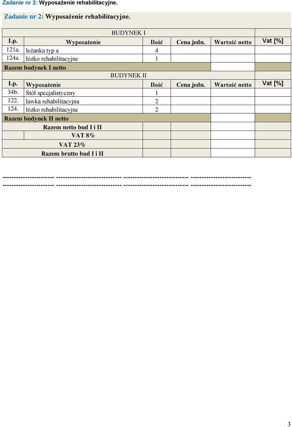 łóżko rehabilitacyjne Razem budynek I netto BUDYNEK II Lp. Wyposażenie Cena jedn. netto 34b.