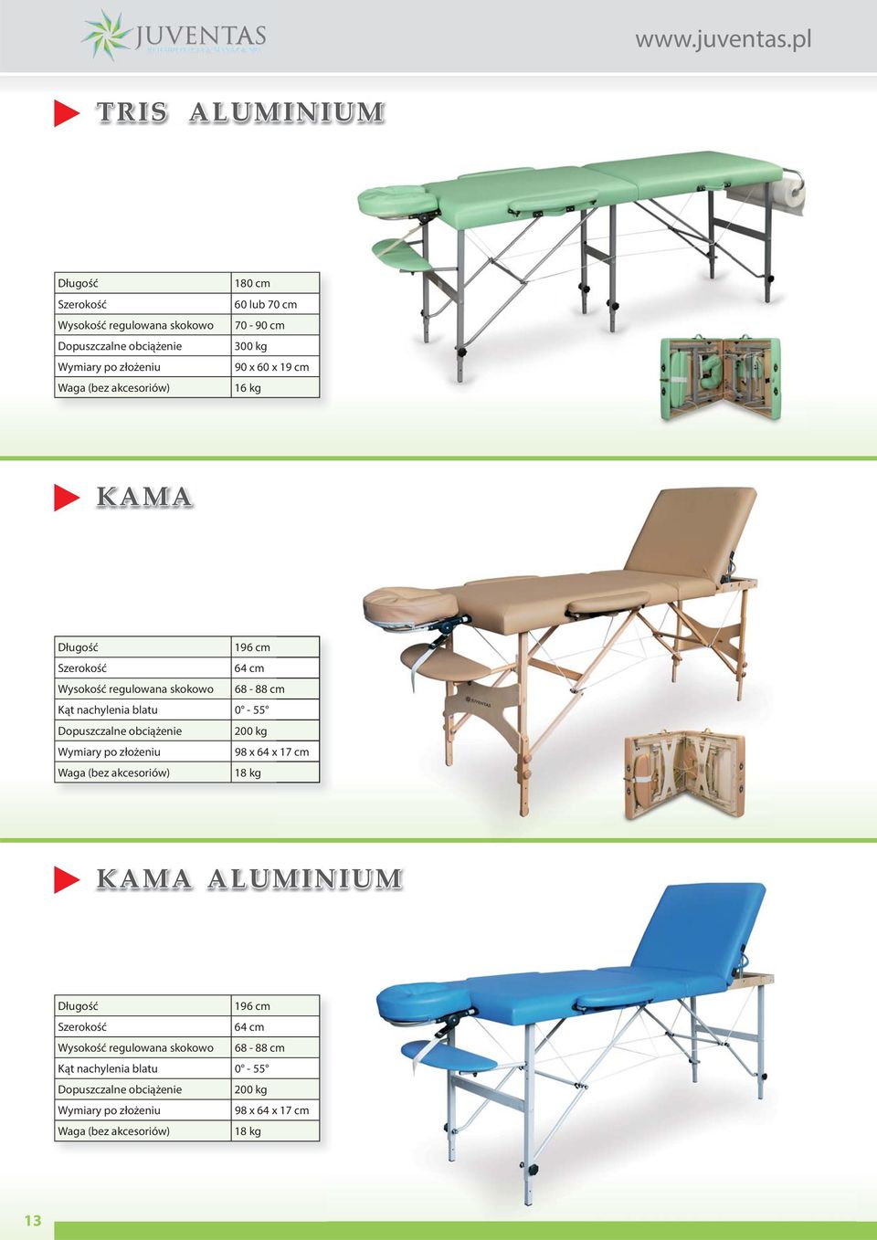 Wymiary po złożeniu 98 x 64 x 17 cm (bez akcesoriów) 18 kg KAMA ALUMINIUM 196 cm 64 cm regulowana