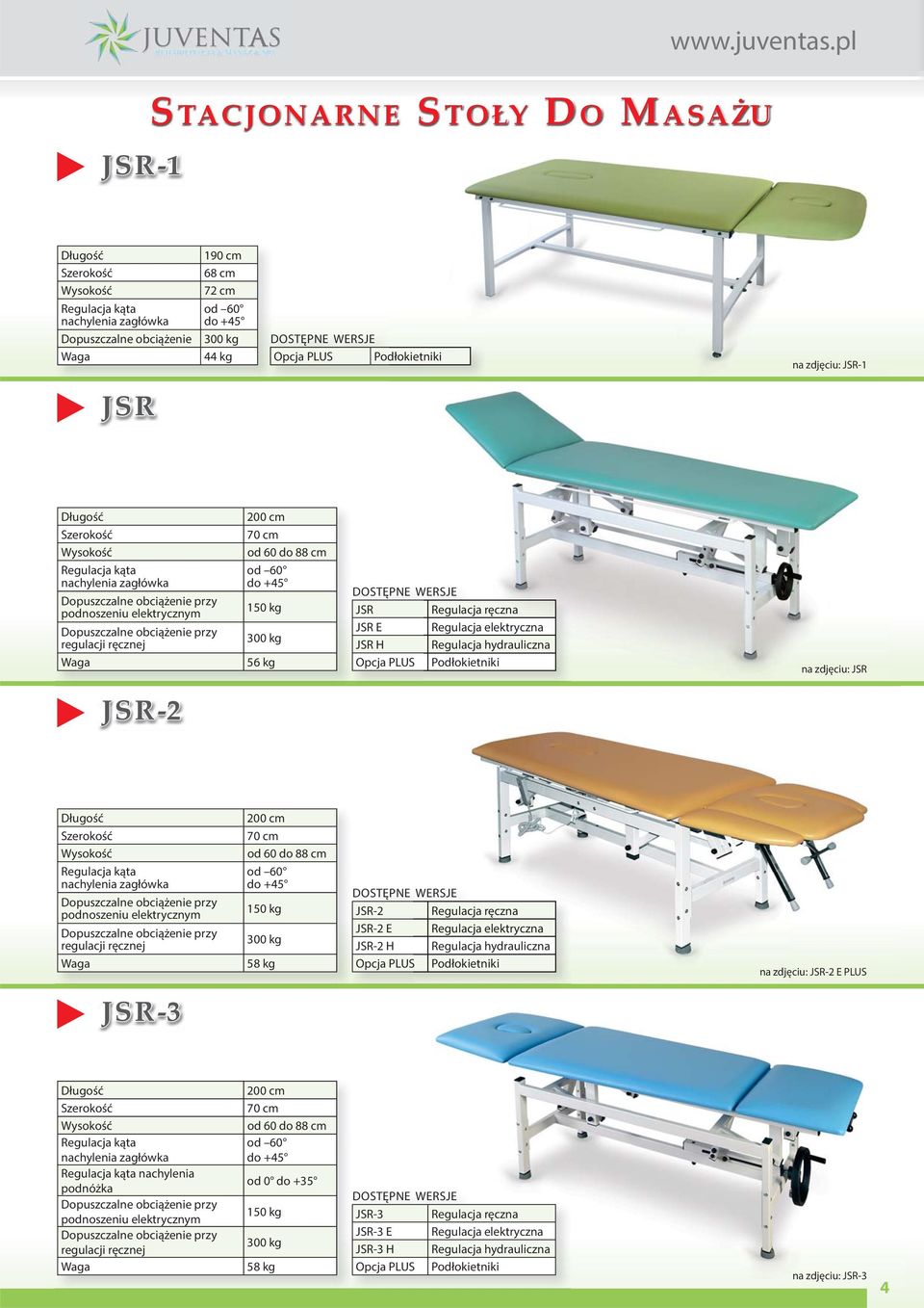 elektrycznym przy regulacji ręcznej od 60 do 88 cm od 60 do +45 150 kg 300 kg 56 kg DOSTĘPNE WERSJE JSR Regulacja ręczna JSR E Regulacja elektryczna JSR H Regulacja hydrauliczna Opcja PLUS