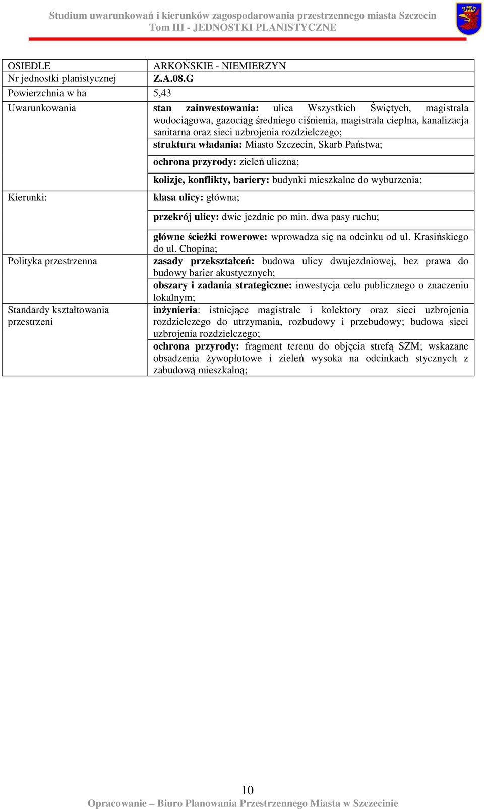 rozdzielczego; struktura władania: Miasto Szczecin, Skarb Państwa; ochrona przyrody: zieleń uliczna; kolizje, konflikty, bariery: budynki mieszkalne do wyburzenia; klasa ulicy: główna; przekrój