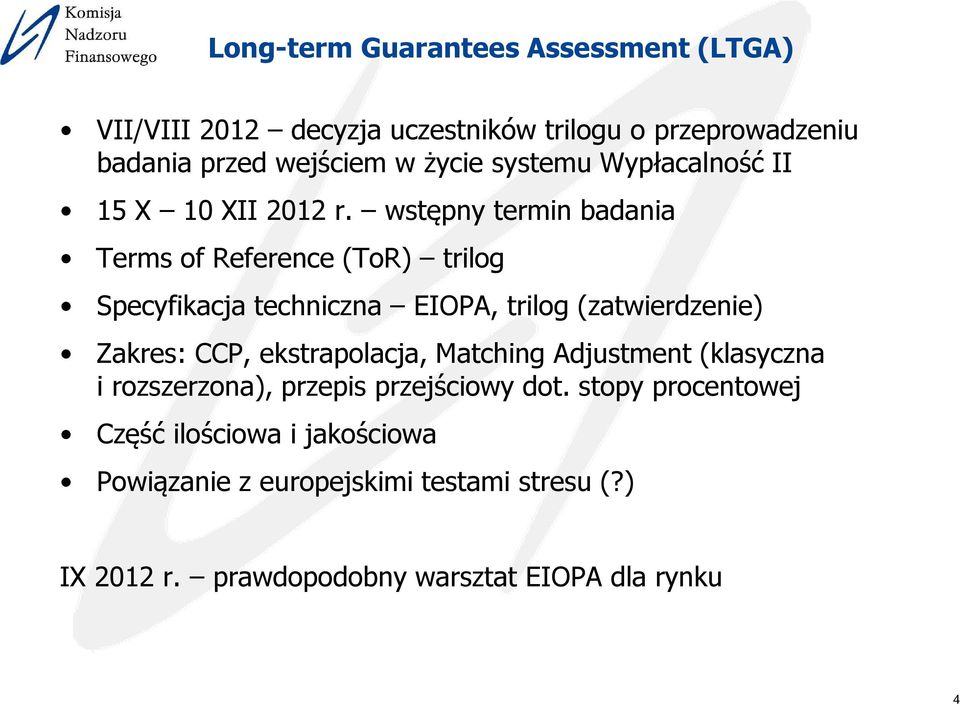 wstępny termin badania Terms of Reference (ToR) trilog Specyfikacja techniczna EIOPA, trilog (zatwierdzenie) Zakres: CCP,