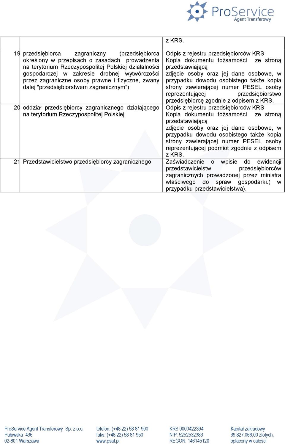 zgodnie z odpisem 20. oddział przedsiębiorcy zagranicznego działającego Odpis z rejestru przedsiębiorców KRS na terytorium Rzeczypospolitej Polskiej 21.