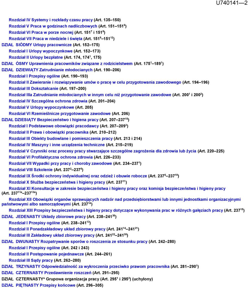 152 173) Rozdział II Urlopy bezpłatne (Art. 174, 174 1, 175) DZIAŁ ÓSMY Uprawnienia pracowników związane z rodzicielstwem (Art. 175 1 189 1 ) DZIAŁ DZIEWIĄTY Zatrudnianie młodocianych (Art.