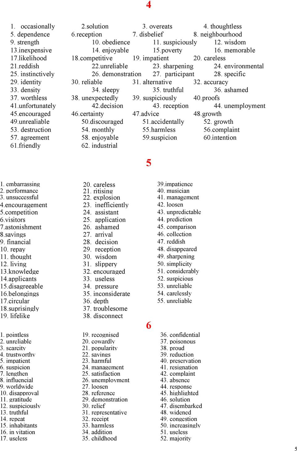 specific 29. identity 30. reliable 31. alternative 32. accuracy 33. density 34. sleepy 35. truthful 36. ashamed 37. worthless 38. unexpectedly 39. suspiciously 40.proofs 41.unfortunately 42.