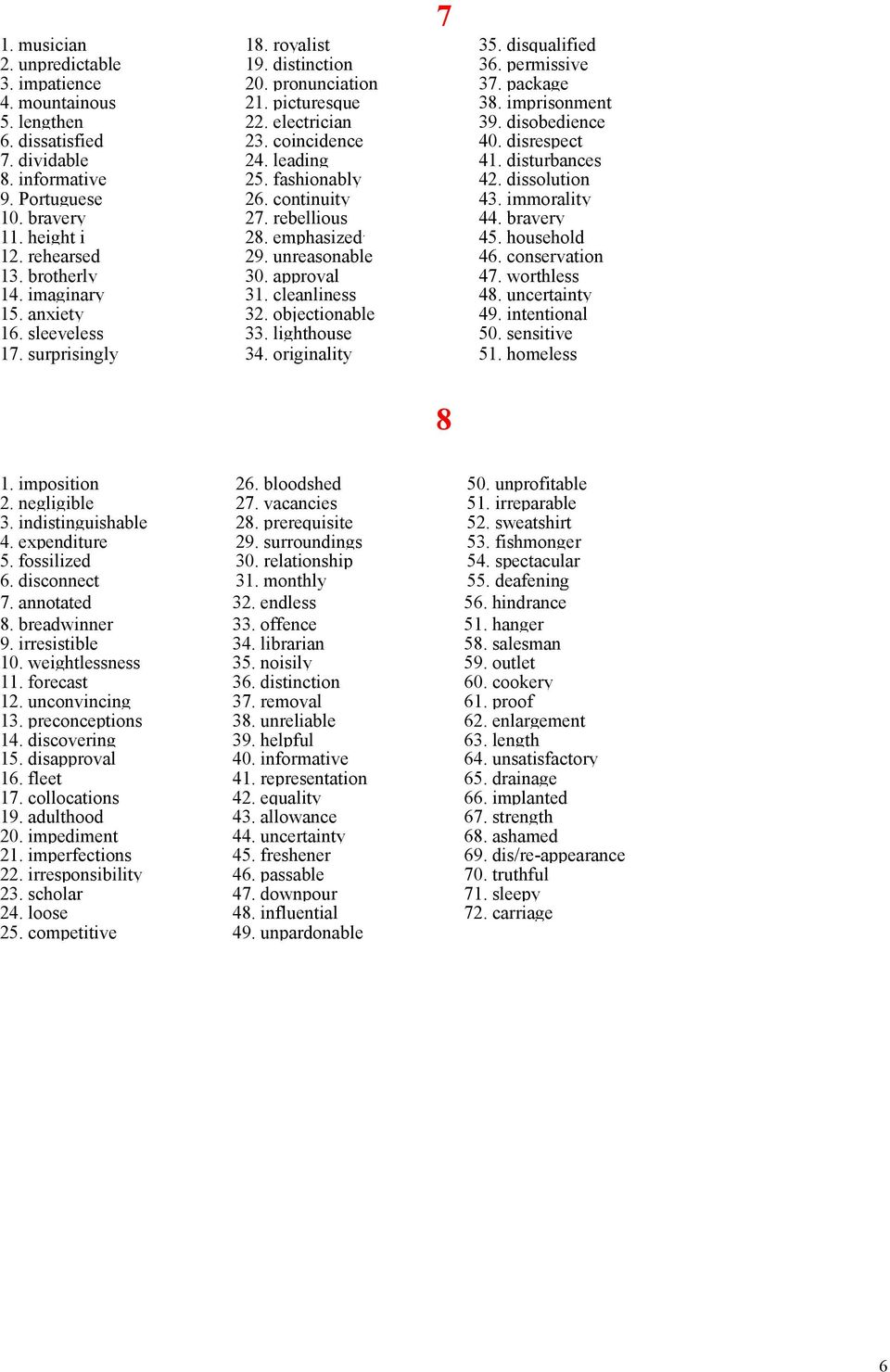 immorality 10. bravery 27. rebellious 44. bravery 11. height i 28. emphasized. 45. household 12. rehearsed 29. unreasonable 46. conservation 13. brotherly 14. imaginary 30. approval 31.