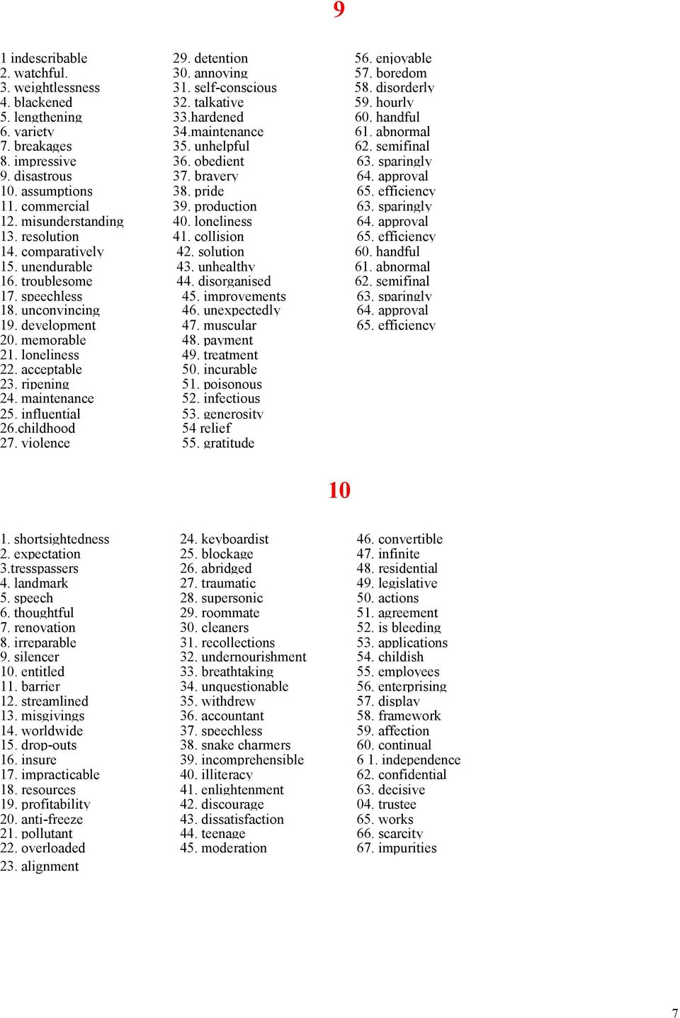 pride 65. efficiency 11. commercial 39. production 63. sparingly 12. misunderstanding 40. loneliness 64. approval 13. resolution 41. collision 65. efficiency 14. comparatively 42. solution 60.