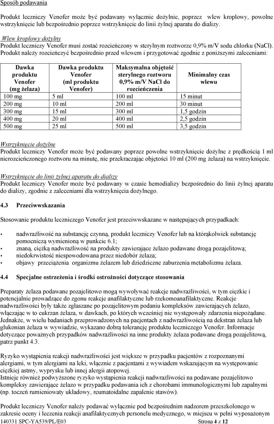 Produkt należy rozcieńczyć bezpośrednio przed wlewem i przygotować zgodnie z poniższymi zaleceniami: Dawka produktu Venofer (mg żelaza) Dawka produktu Venofer (ml produktu Venofer) Maksymalna