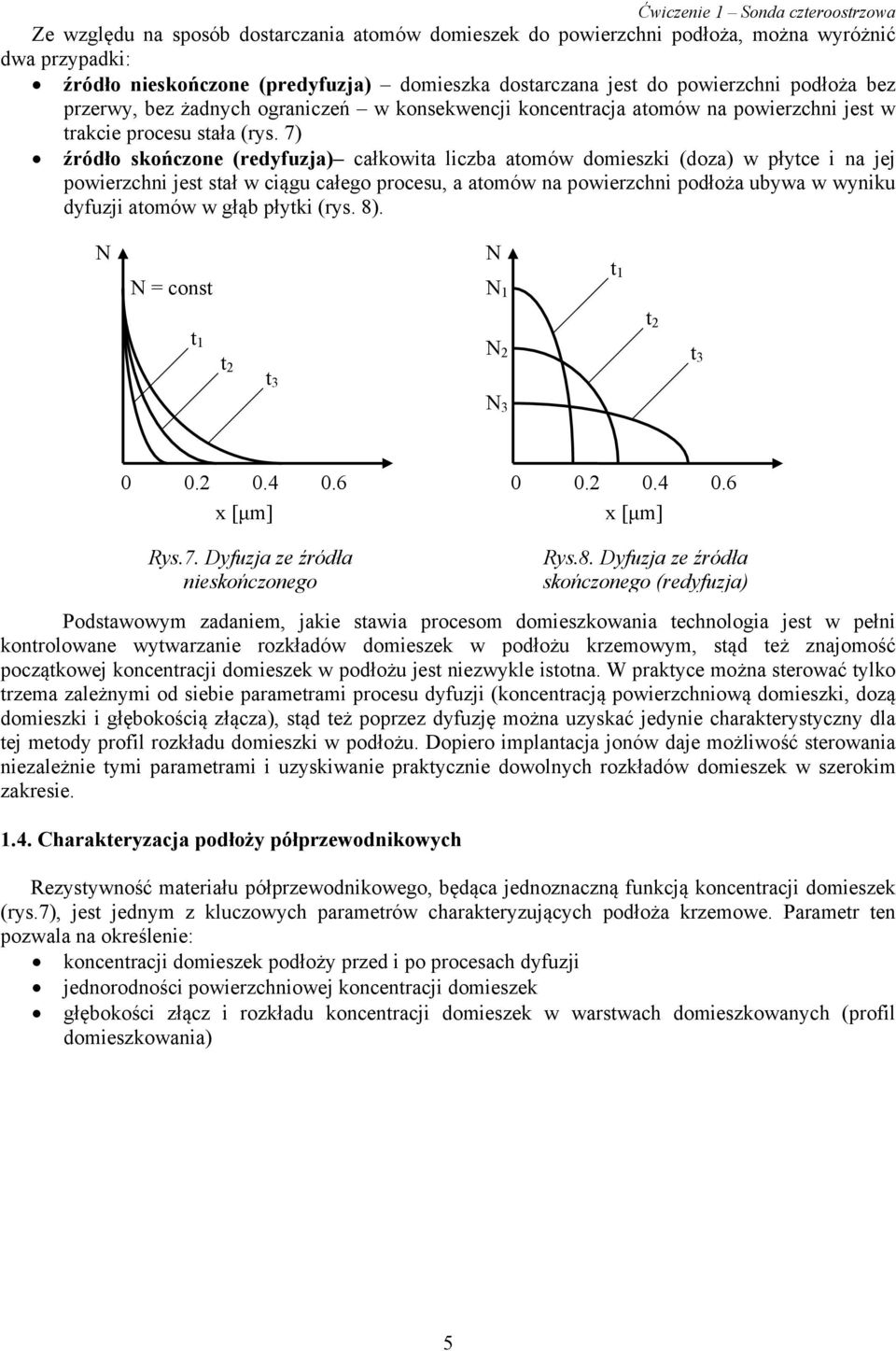 7) źródło skończone (redyfuzja) całkowita liczba atomów domieszki (doza) w płytce i na jej powierzchni jest stał w ciągu całego procesu, a atomów na powierzchni podłoża ubywa w wyniku dyfuzji atomów