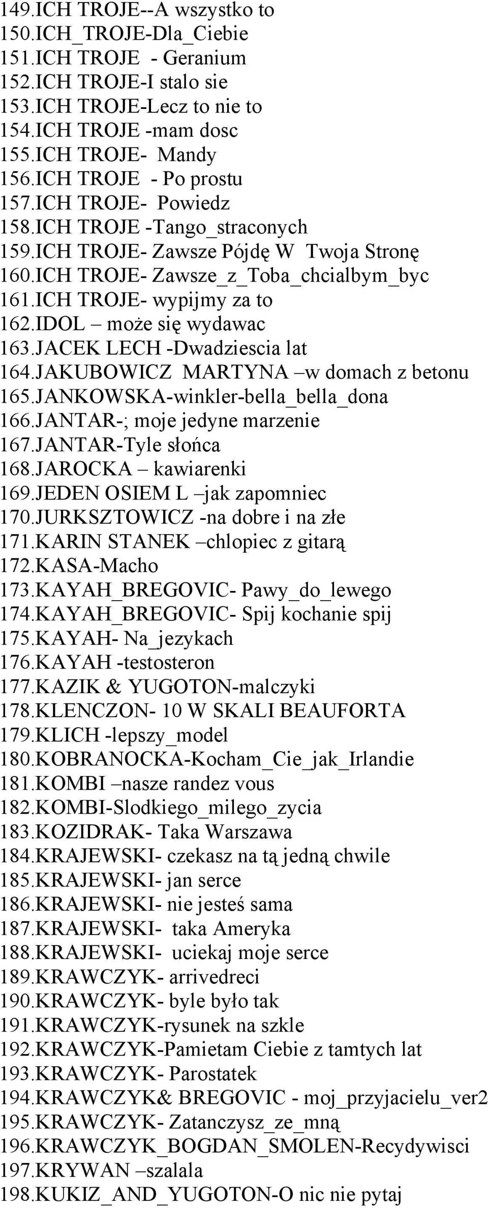 IDOL może się wydawac 163.JACEK LECH -Dwadziescia lat 164.JAKUBOWICZ MARTYNA w domach z betonu 165.JANKOWSKA-winkler-bella_bella_dona 166.JANTAR-; moje jedyne marzenie 167.JANTAR-Tyle słońca 168.