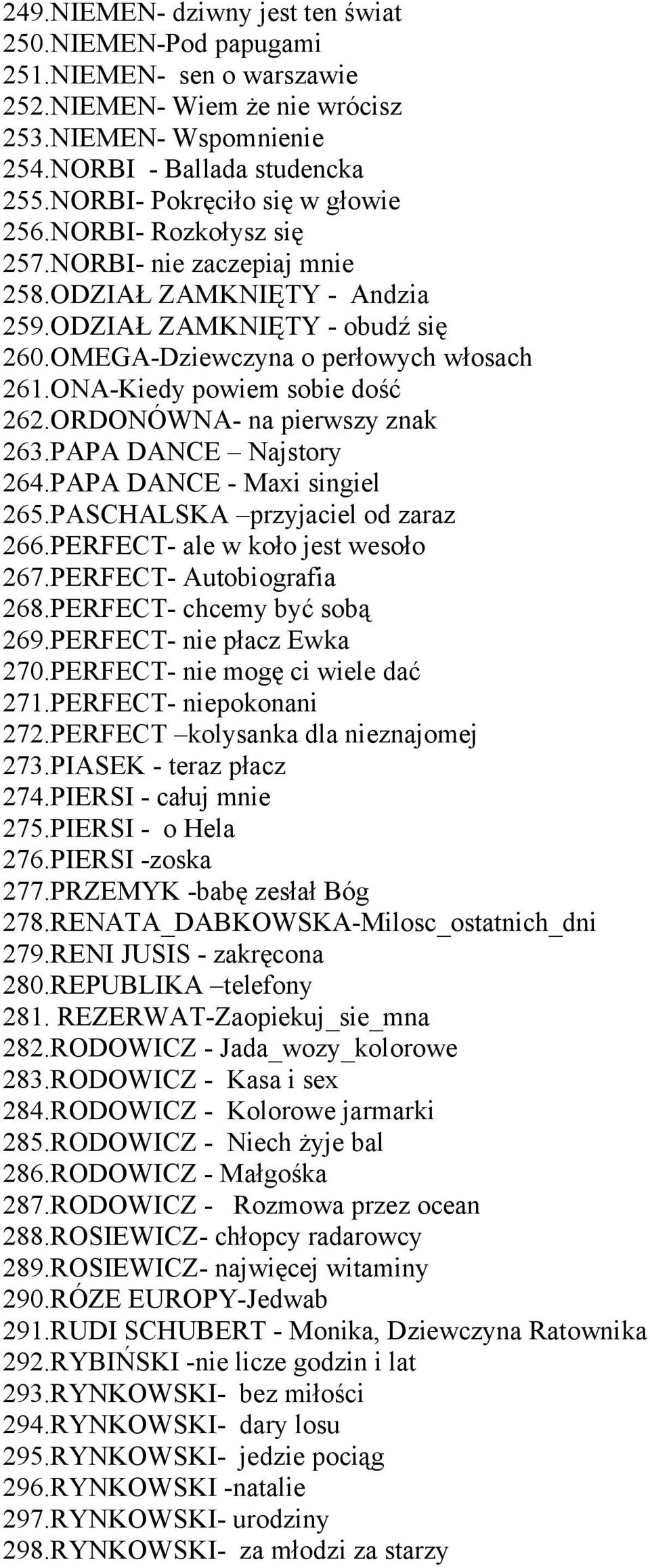 ONA-Kiedy powiem sobie dość 262.ORDONÓWNA- na pierwszy znak 263.PAPA DANCE Najstory 264.PAPA DANCE - Maxi singiel 265.PASCHALSKA przyjaciel od zaraz 266.PERFECT- ale w koło jest wesoło 267.