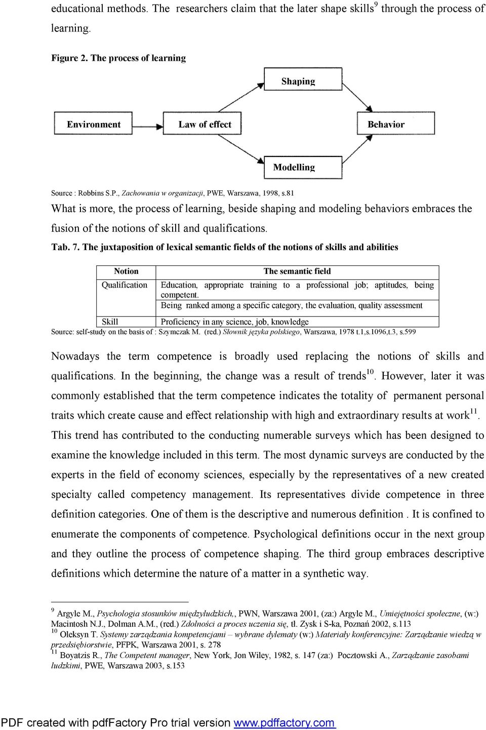 81 What is more, the process of learning, beside shaping and modeling behaviors embraces the fusion of the notions of skill and qualifications. Tab. 7.