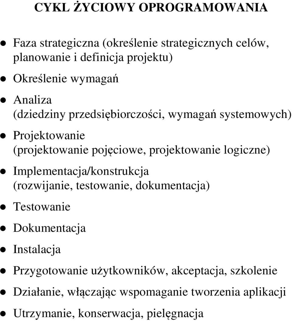 logiczne) Implementacja/konstrukcja (rozwijanie, testowanie, dokumentacja) Testowanie Dokumentacja Instalacja Przygotowanie