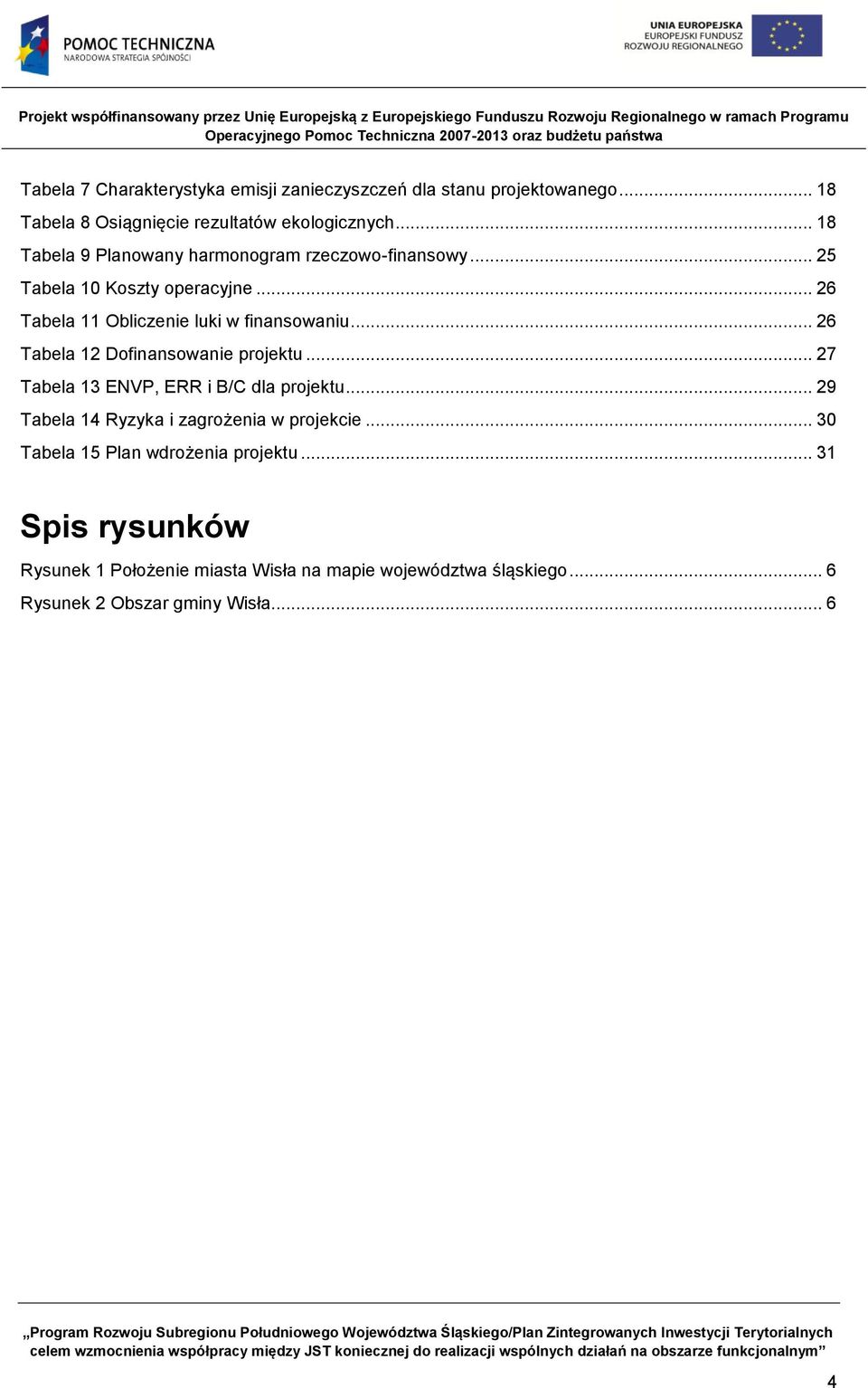 .. 26 Tabela 12 Dofinansowanie projektu... 27 Tabela 13 ENVP, ERR i B/C dla projektu... 29 Tabela 14 Ryzyka i zagrożenia w projekcie.