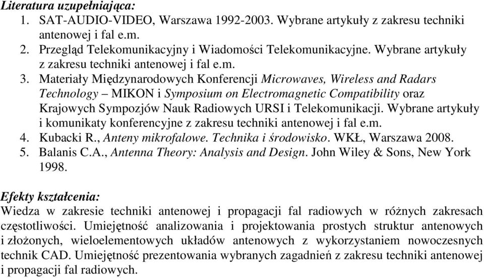 Materiały Międzynarodowych Konferencji Microwaves, Wireless and Radars Technology MIKON i Symposium on Electromagnetic Compatibility oraz Krajowych Sympozjów Nauk Radiowych URSI i Telekomunikacji.