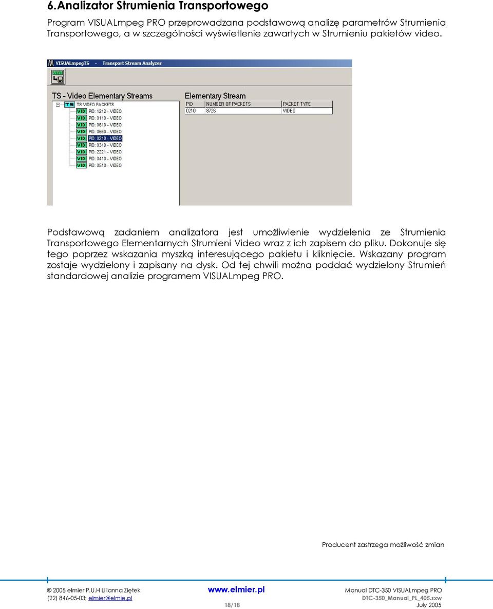 Podstawową zadaniem analizatora jest umożliwienie wydzielenia ze Strumienia Transportowego Elementarnych Strumieni Video wraz z ich zapisem do pliku.