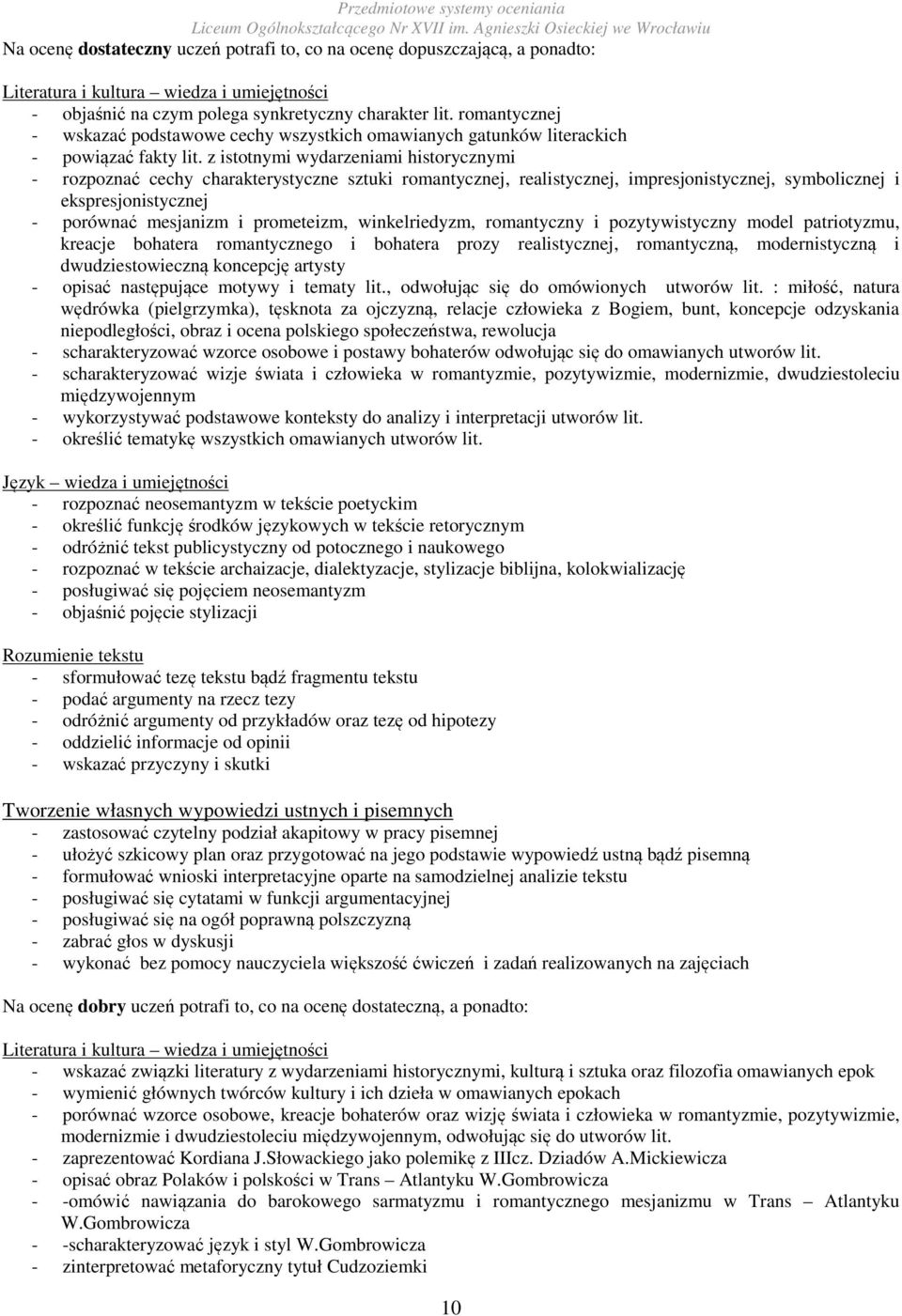 z istotnymi wydarzeniami historycznymi - rozpoznać cechy charakterystyczne sztuki romantycznej, realistycznej, impresjonistycznej, symbolicznej i ekspresjonistycznej - porównać mesjanizm i