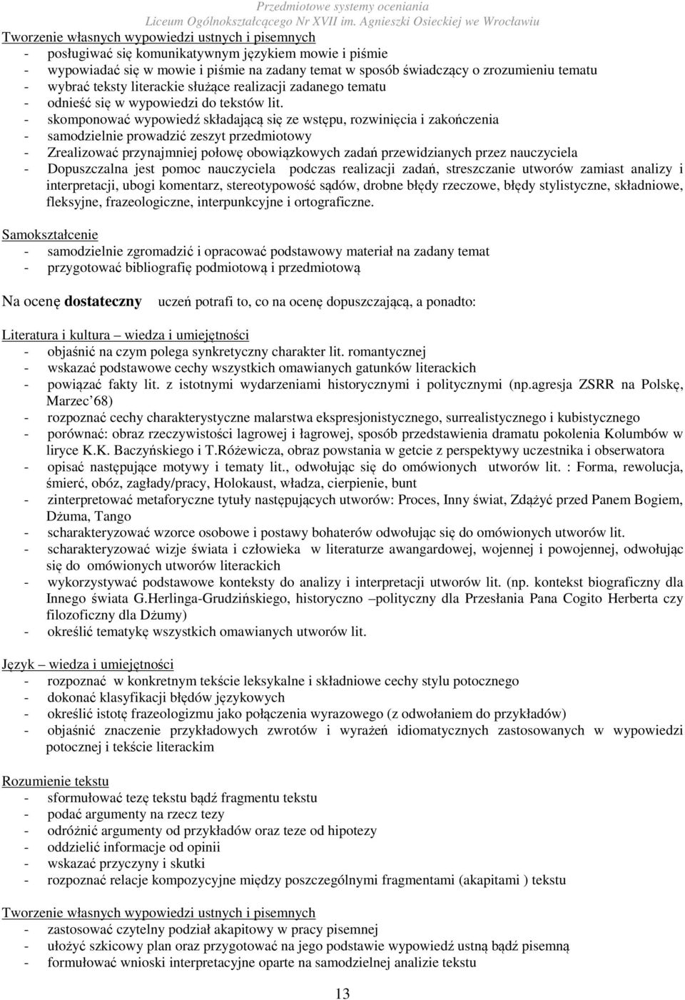 - skomponować wypowiedź składającą się ze wstępu, rozwinięcia i zakończenia - samodzielnie prowadzić zeszyt przedmiotowy - Zrealizować przynajmniej połowę obowiązkowych zadań przewidzianych przez