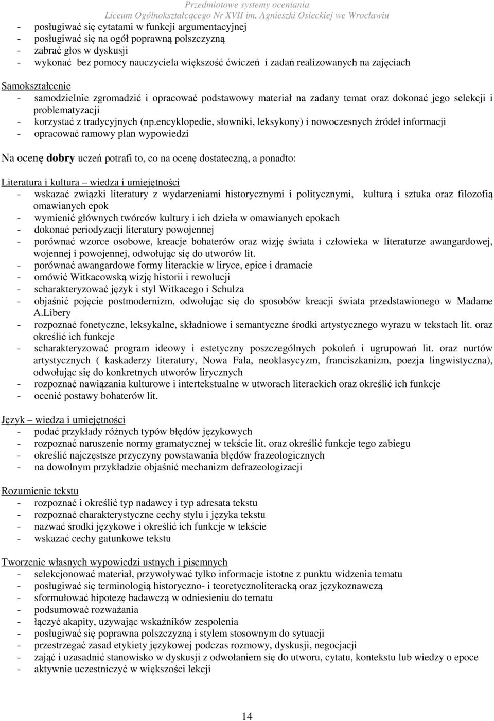 encyklopedie, słowniki, leksykony) i nowoczesnych źródeł informacji - opracować ramowy plan wypowiedzi Na ocenę dobry uczeń potrafi to, co na ocenę dostateczną, a ponadto: Literatura i kultura wiedza