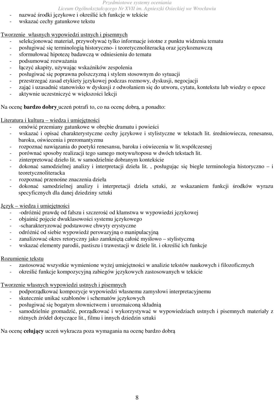 łączyć akapity, używając wskaźników zespolenia - posługiwać się poprawna polszczyzną i stylem stosownym do sytuacji - przestrzegać zasad etykiety językowej podczas rozmowy, dyskusji, negocjacji -