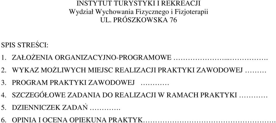 WYKAZ MOŻLIWYCH MIEJSC REALIZACJI PRAKTYKI ZAWODOWEJ 3. PROGRAM PRAKTYKI ZAWODOWEJ 4.