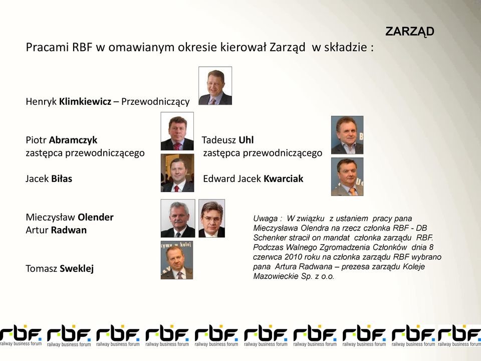 Uwaga : W związku z ustaniem pracy pana Mieczysława Olendra na rzecz członka RBF - DB Schenker stracił on mandat członka zarządu RBF.