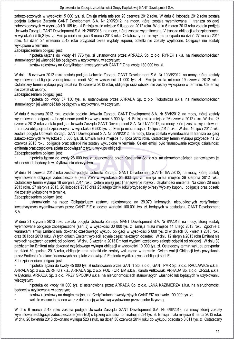 W dniu 6 marca 2013 roku została podjęta Uchwała Zarządu GANT Development S.A. Nr 2/III/2013, na mocy, której została wyemitowana IV transza obligacji zabezpieczonych w wysokości 515,2 tys. zł.