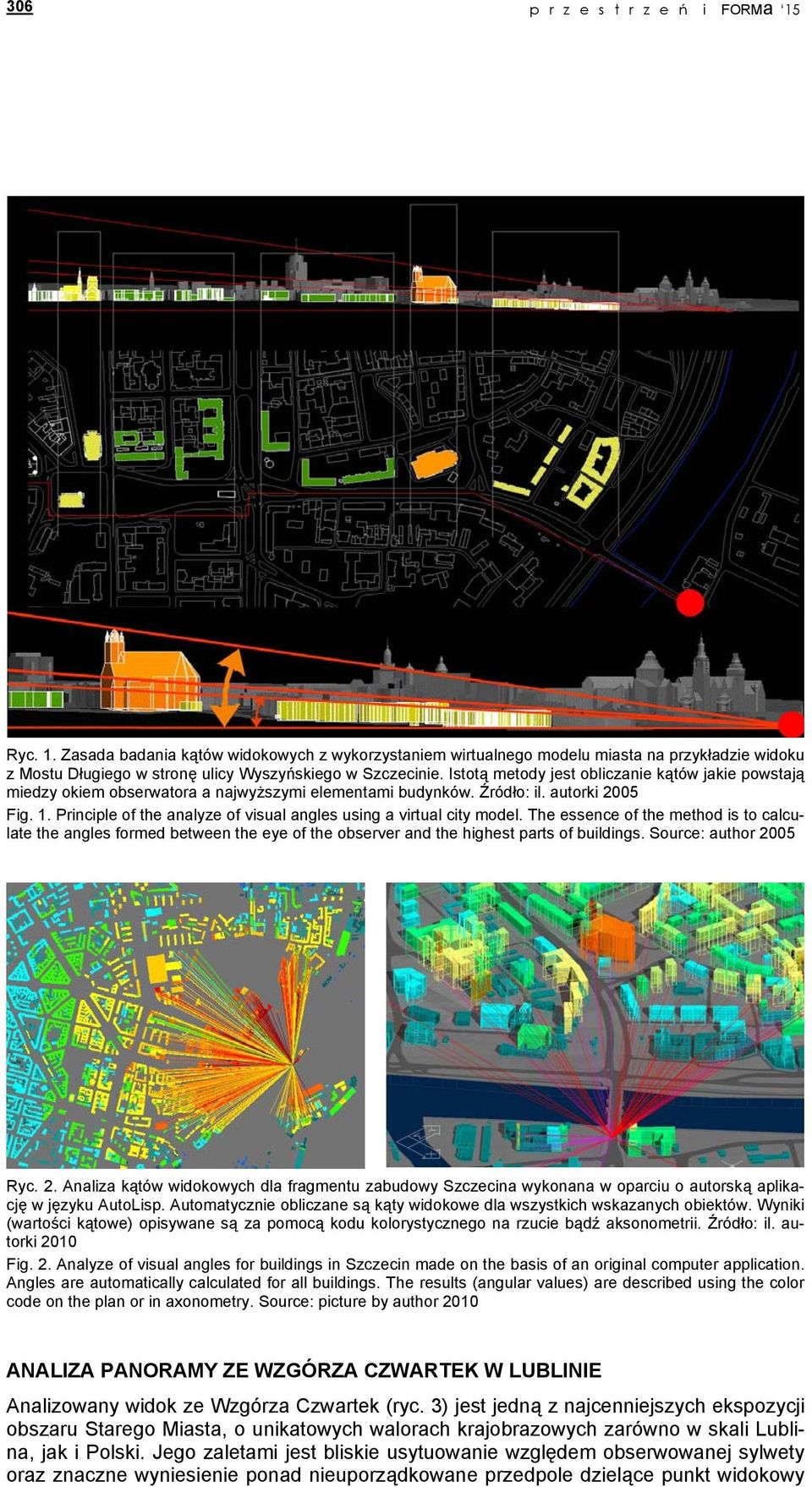 Principle of the analyze of visual angles using a virtual city model. The essence of the method is to calculate the angles formed between the eye of the observer and the highest parts of buildings.