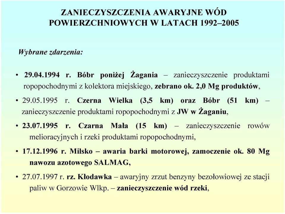 Czerna Wielka (3,5 km) oraz Bóbr (51 km) zanieczyszczenie produktami ropopochodnymizjw w aganiu, 23.07.1995 r.