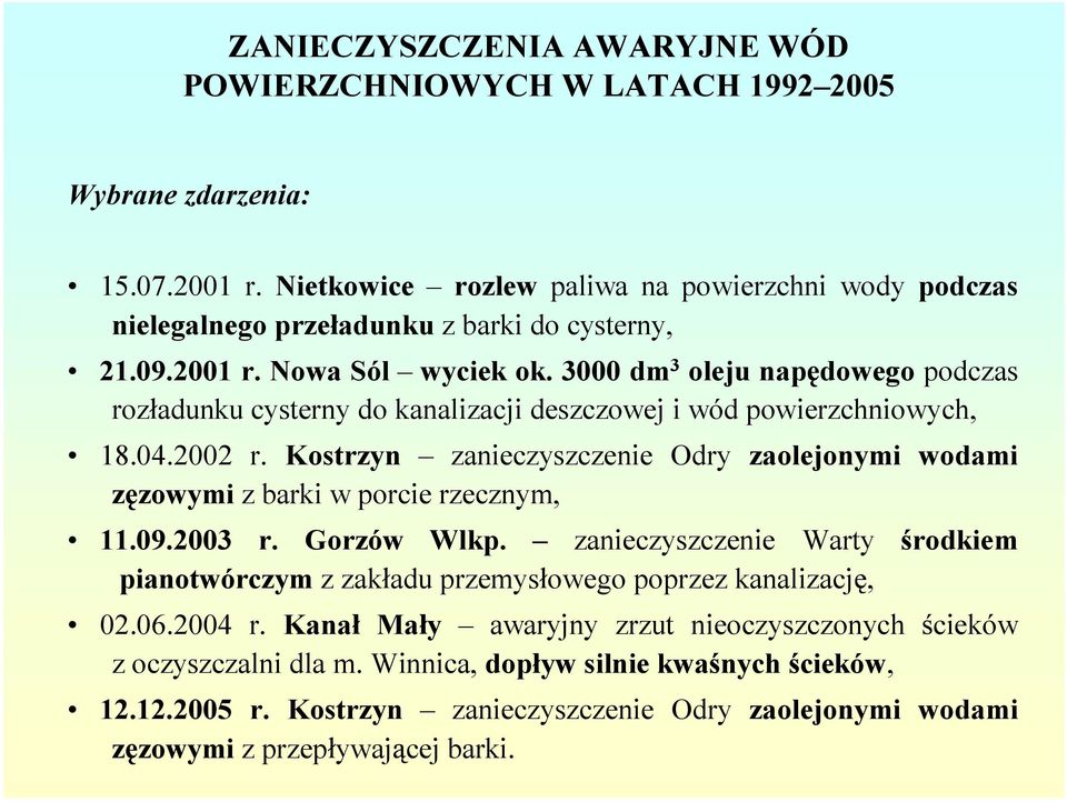 3000 dm 3 oleju nap dowego podczas roz adunkucysternydo kanalizacji deszczowej iwód powierzchniowych, 18.04.2002 r.