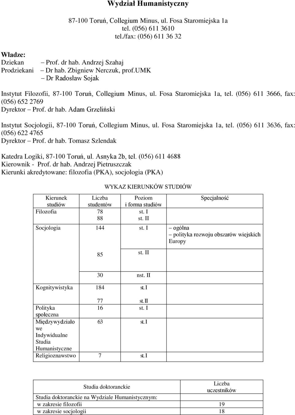 Adam Grzeliński Instytut Socjologii, 87-100 Toruń, Collegium Minus, ul. Fosa Staromiejska 1a, tel. (056) 611 3636, fax: (056) 622 4765 Dyrektor Prof. dr hab.