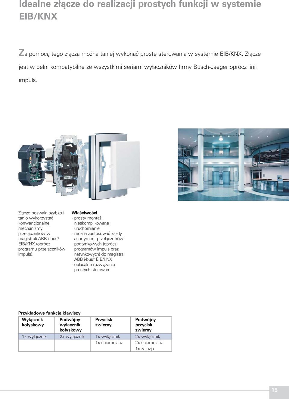 Złącze pozwala szybko i tanio wykorzystać konwencjonalne mechanizmy przełączników w magistrali ABB i-bus EIB/KNX (oprócz programu przełączników impuls).
