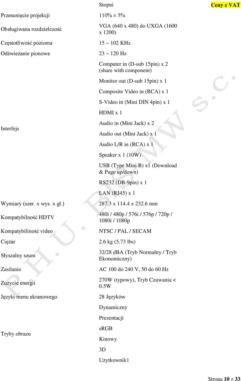 (RCA) x 1 Speaker x 1 (10W) USB (Type Mini B) x1 (Download & Page up/down) RS232 (DB-9pin) x 1 LAN (RJ45) x 1 Wymiary (szer. x wys. x gł.